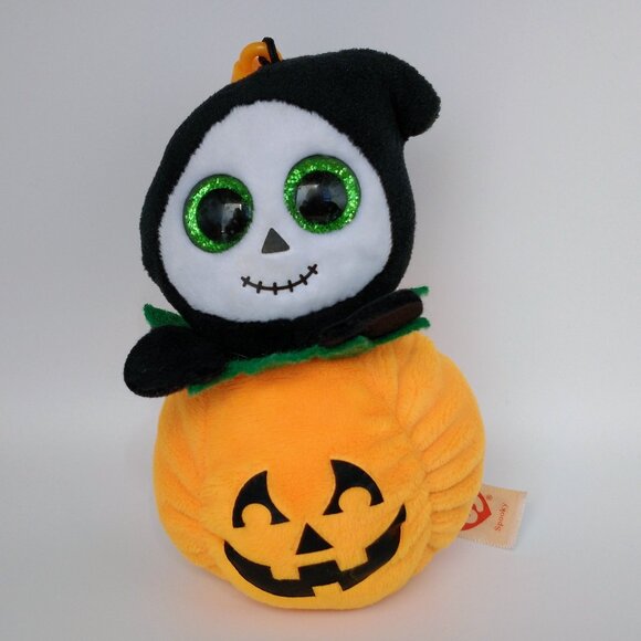 2018 TY Beanie Boos Halloweenie Beanies SPOOKY Grim Reaper w/Pumpkin Key Clip - Picture 1 of 5
